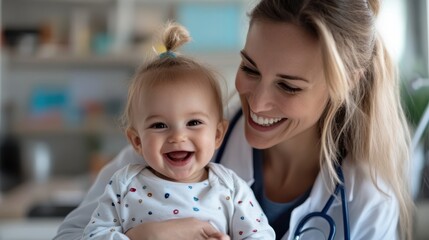A beaming healthcare worker warmly embraces a laughing baby in a clinic, showcasing themes of affection, safety, and dedicated care in a medical environment.
