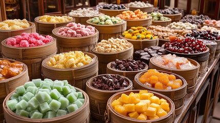 Fototapeta premium A colorful array of traditional Asian desserts arranged beautifully in bamboo baskets and wooden bowls.