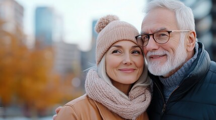 Fototapeta premium An affectionate older couple in cozy clothing enjoys a brisk autumn day in the city, showcasing love, warmth, and the beauty of urban autumn life.