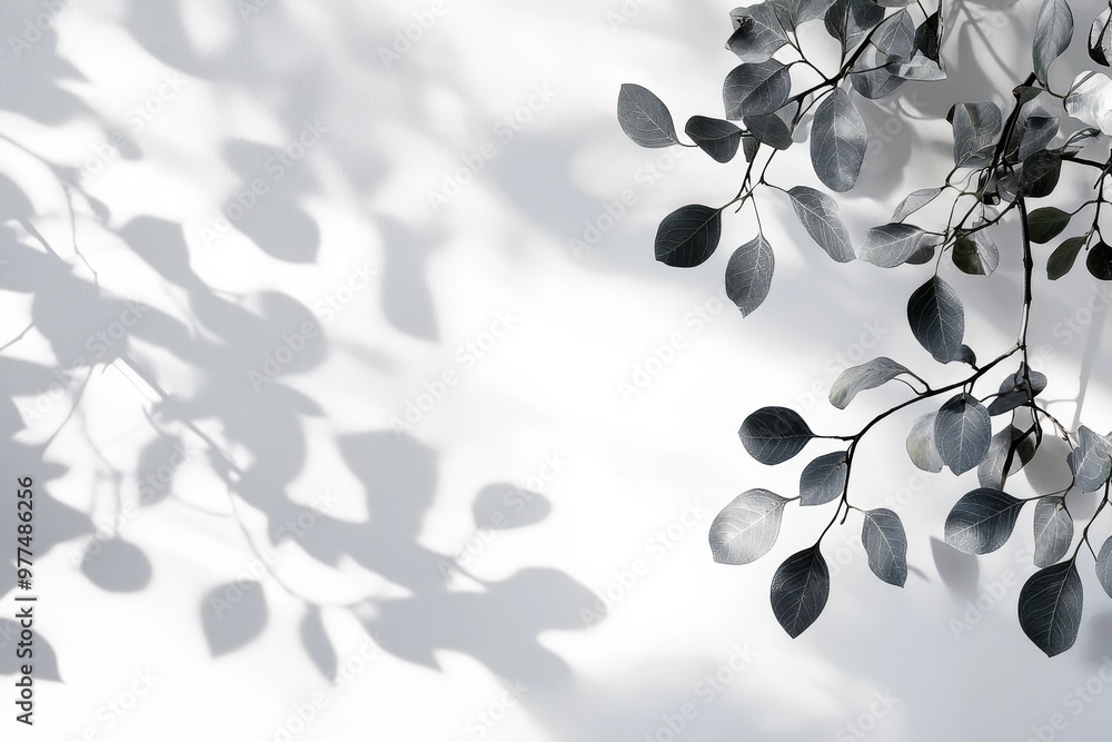 Poster Overlay effect with blurred branches of cherries blooming on a white wall. Abstract neutral nature background for design presentations.