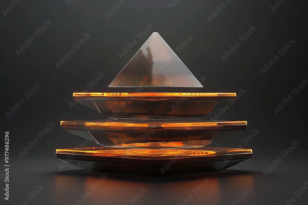 Poster a modern abstract art piece featuring illuminated geometric shapes and layers, creating a striking v
