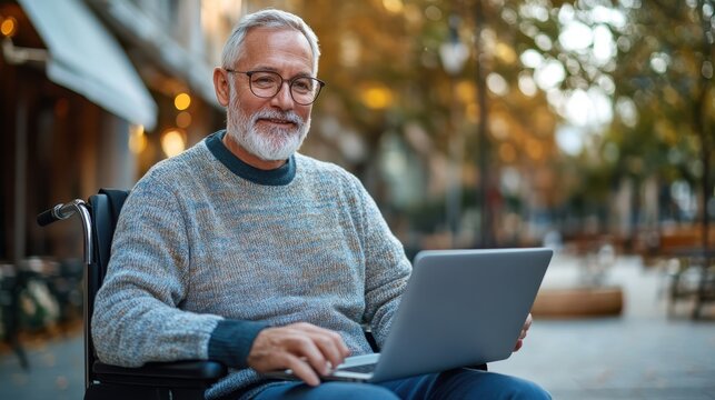 A senior man with a gray beard and glasses enjoys using his laptop while seated on a park bench in the bright sunlight, surrounded by autumn scenery.