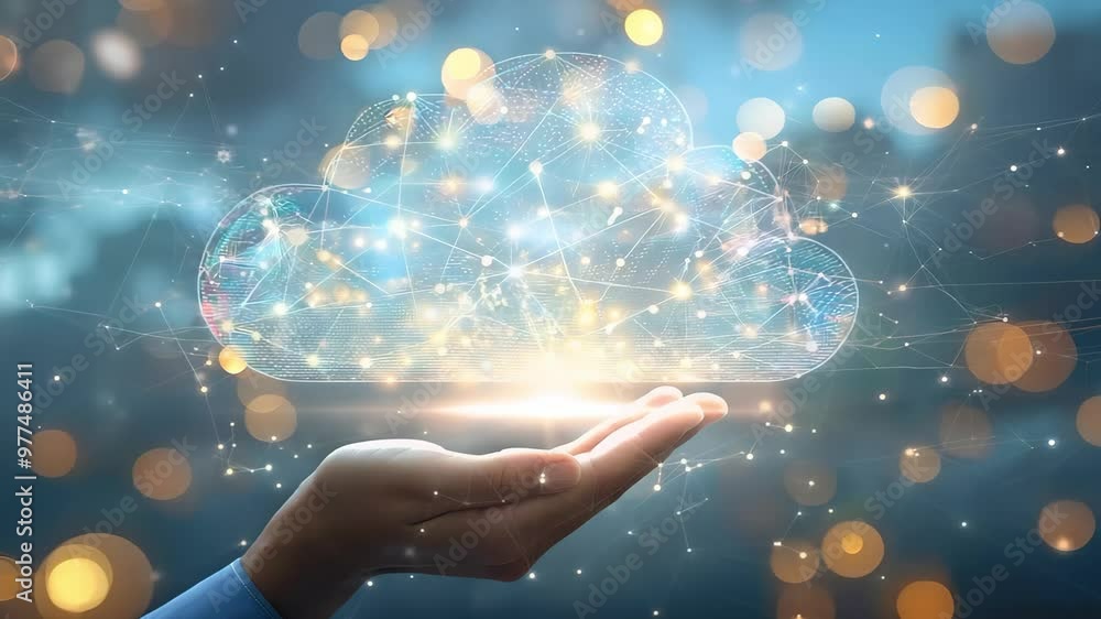 Poster a hand holding a digital cloud made of interconnected lines and dots, representing cloud computing a