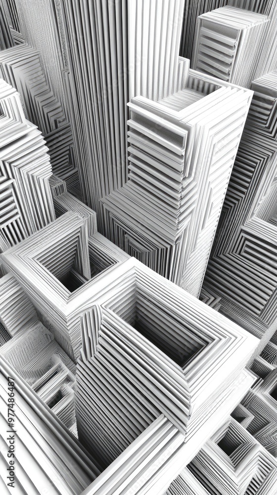 Poster a striking abstract pattern of urban architecture, featuring intricate white and gray structures wit