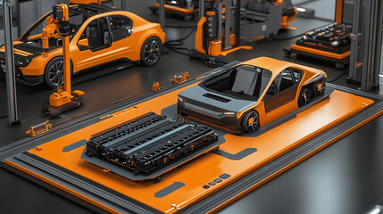 Automation auto factory concept featuring a robot assembly line and a platform for electric vehicle battery modules