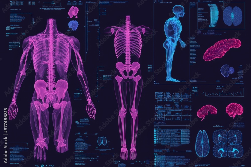 Poster hologram human body diagnostic panel of the future in 3d. a modern medical science in the future. il