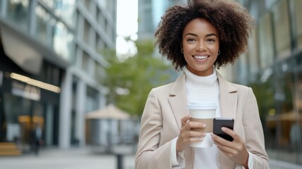 Fototapeta premium A young, professional woman in a stylish jacket smiles while holding a coffee cup and smartphone, standing in a modern urban setting with tall buildings around her.
