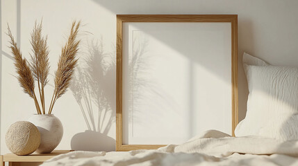 Elegant boho bedroom interior Vertical wooden picture frame mockup on old bedside table Cup of coffee Ball vase with dry grass Beige linen throw bedding White wall background Scandinav : Generative AI