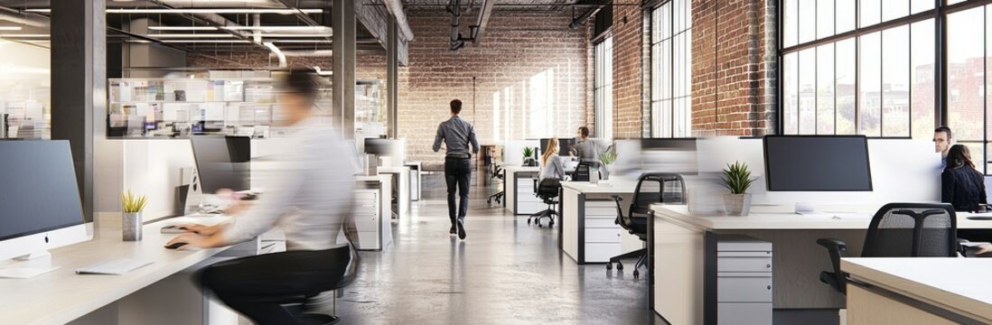 Corporate employees working in a co-working open space walking in motion, sharing desks. Concept of an office rush at the end of a busy working day. Horizontal banner image for website design.
