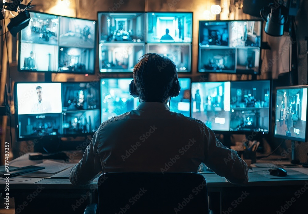 Poster In the control room of a security data system, a male operator works