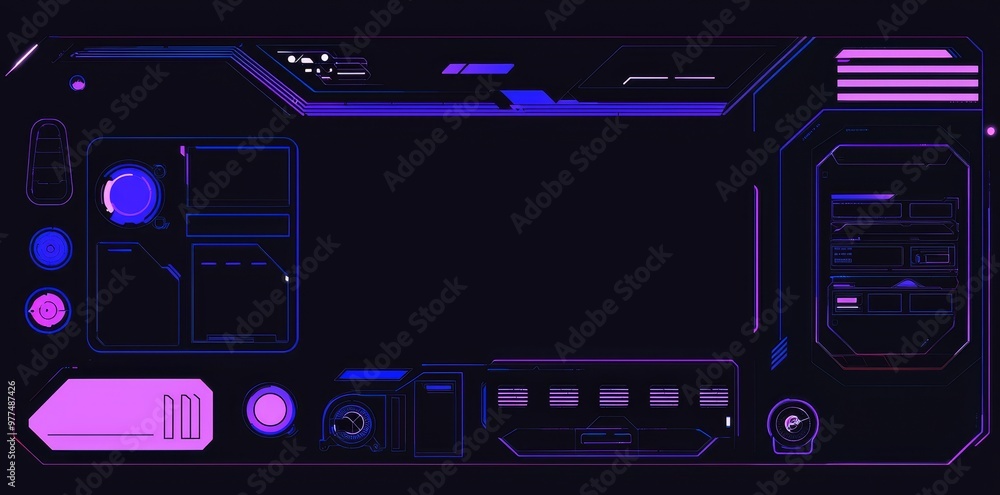 Fototapete Set holographic pop-up frames or screens with information. Blue transparent screens on dark blue background. HUD, GUI, and UI. Computer game interface.