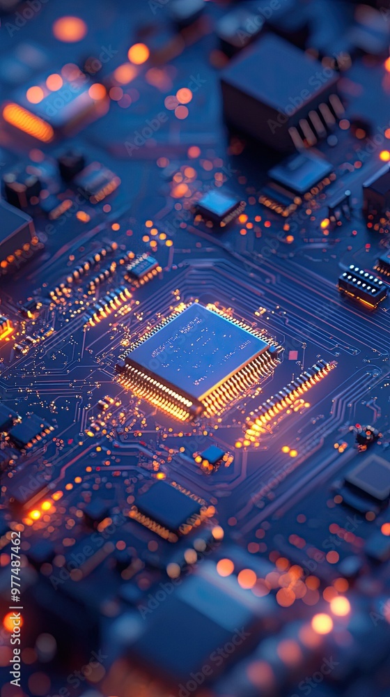 Poster close-up of a glowing microchip on a circuit board, showcasing intricate electronic components and v