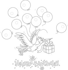 Birthday greeting card with a funny white stork flying with a holiday gift box and balloons, black and white outline vector cartoon illustration for a coloring book