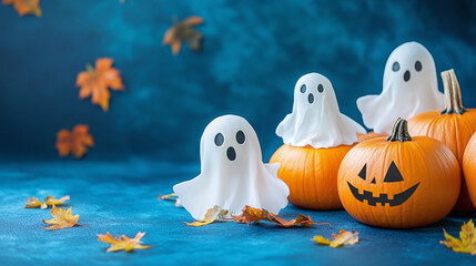 Halloween pumpkins and ghost decorations on blue backdrop