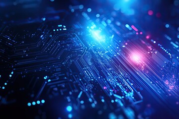 Obraz premium Close-up view of a futuristic circuit board with glowing lights, showcasing innovation and technology in digital design.