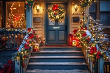 House entrance decorated for traditional winter holidays, front steps of the house with Christmas tree, ornaments and wreath on front door	