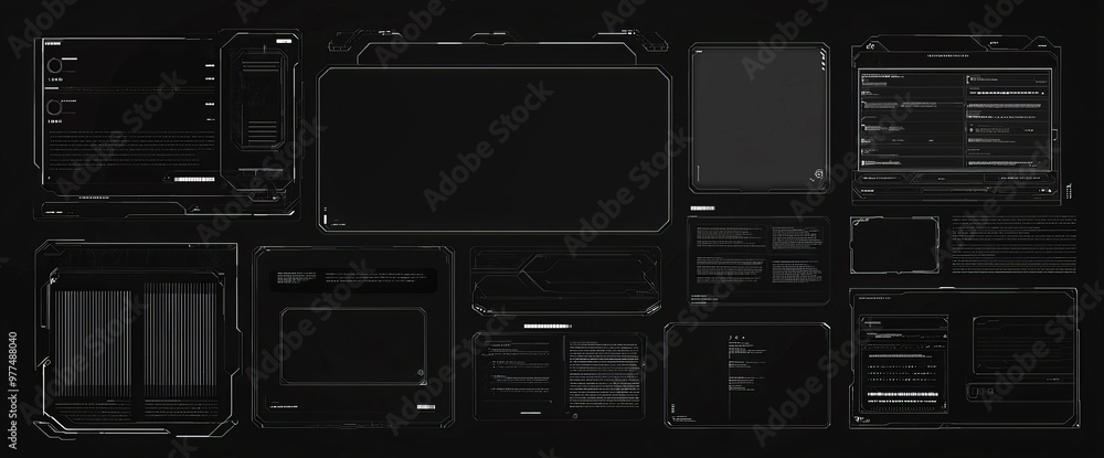 Poster HUD for video game interface and animation. Set of frames, leaders, arrows, pointers, information panels. HUD, GUI, UI elements.