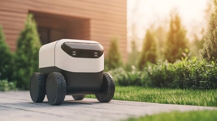 A small, autonomous delivery robot navigates a garden path, showcasing modern technology in a serene, green environment.