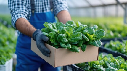 A farmer wearing gloves presents a cardboard box filled with freshly picked leafy greens, showcasing the dedication and care in producing high-quality produce.