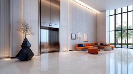 Modern luxury hotel lobby featuring a glass elevator