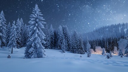 Landscape of a snow-covered pine forest under a starry night sky with a faint glow of Christmas lights in the distance.