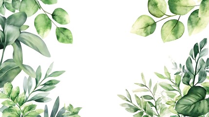 Watercolor Painting of Green Leaves Forming a Border Around a White Space