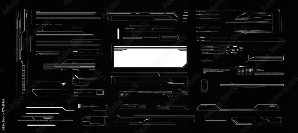 Aufkleber Set of digital futuristic HUD elements. Arrows, pointers, callouts, information blocks, squares, headers for video games or modern user interfaces.