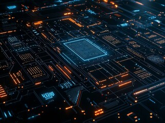 Obraz premium Circuit board with glowing computer chips and CPUs