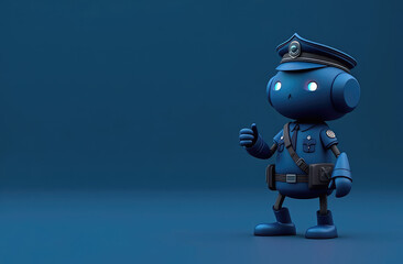 Naklejka premium funny 3d illustration of cute android robot as police officer on solid navy blue background