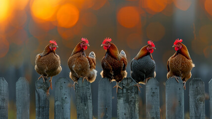 Group of chickens roosting on a wooden fence