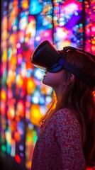 Young Woman Wearing VR Headset Exploring Vibrant Neon Lights and Colors