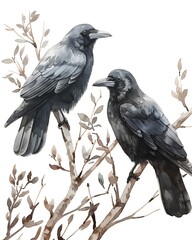 Fototapeta premium Crows perched on branches, watercolor illustration
