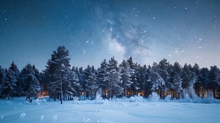 A serene winter landscape of a snow-covered pine forest under a starry night sky with a faint glow of Christmas lights in the distance.