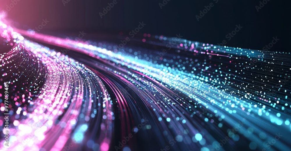 Poster The future of big data. Motion of digital data flow. Data transmission channel 3D illustration. Presentation of business analytics.