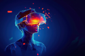 Futuristic Metaverse Concept   Man Wearing VR Headset with Neon Lights