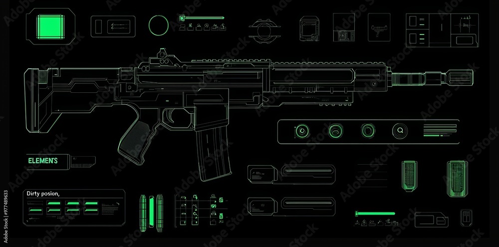 Aufkleber The set includes futuristic green neon frames and HUD interfaces. The virtual user interface for streaming games is included in this set. Templates for futuristic information boxes are included.