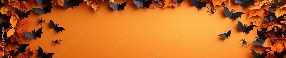 Poster Flat lay of Halloween banner with funny bats and black spiders