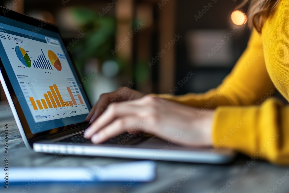 Aufkleber Graphs and data on a digital display behind a tablet in hands of businesspeople