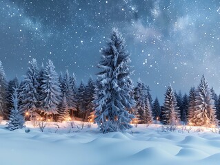 A serene winter landscape of a snow-covered pine forest under a starry night sky with a faint glow of Christmas 