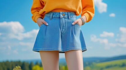A young woman wearing a stylish denim skirt and bright sweater against a picturesque sky and landscape.