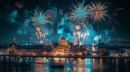 Fireworks illuminating a vibrant city skyline at twilight
