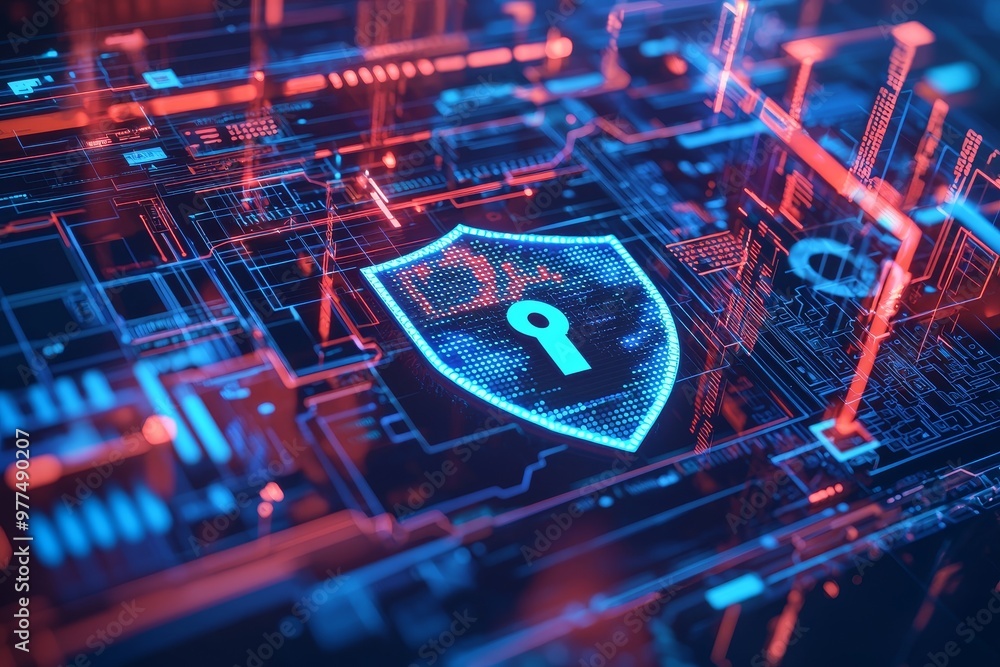 Poster an interface with a hologram of a padlock on a dark blue background
