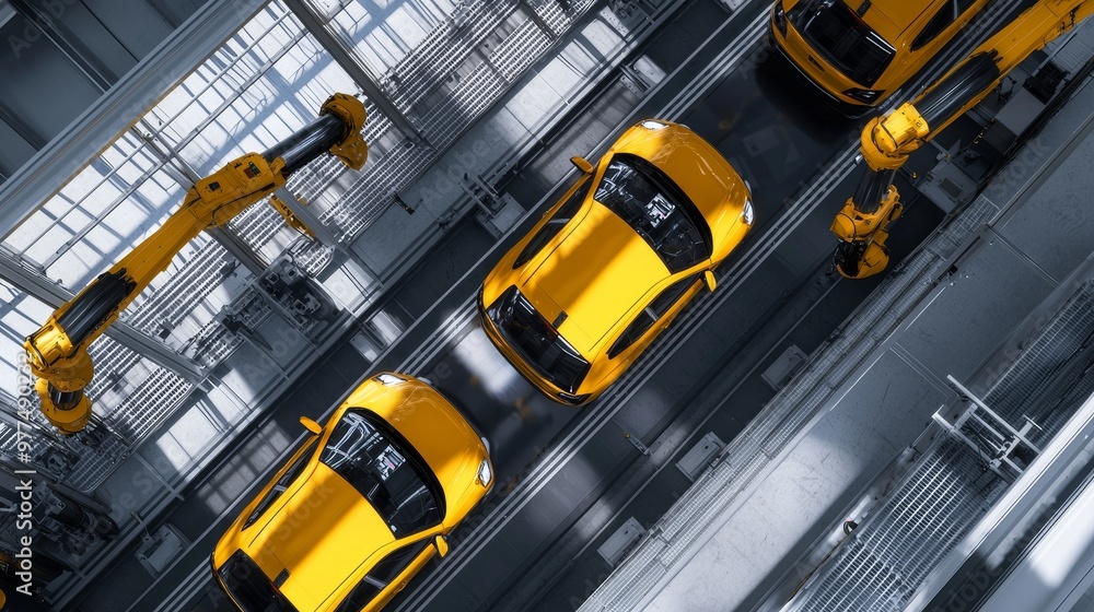 Poster The 3D concept is depicted as an automated robot arm assembly line assembling green energy electric vehicles. The conveyor system is constructed and welded to produce high-tech green energy electric