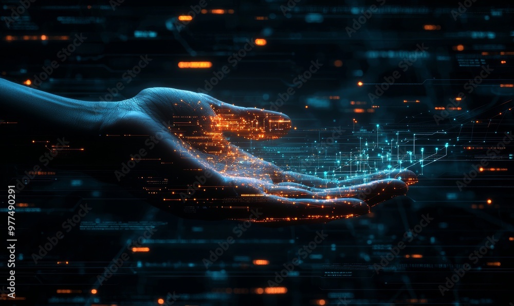 Poster Technology concepts in the Metaverse. Female holding global network connection. Internet communication. Wireless connection technology. Polygonal shapes in futuristic technology.
