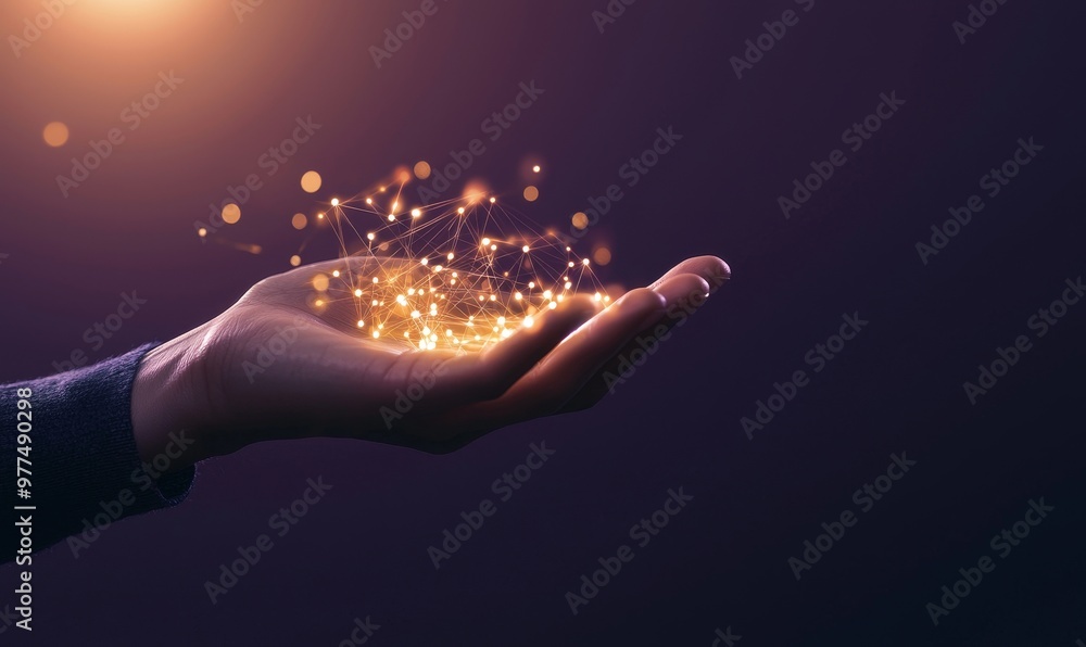 Poster Taking part in a metaverse technology concept. Woman holding a global network connection. Internet communication, Wireless connection technology. Polygonal futuristic technology.