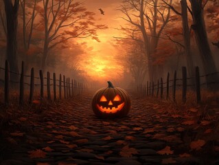 A spooky Halloween landscape featuring a carved pumpkin on a path surrounded by autumn trees and a dramatic sunset.
