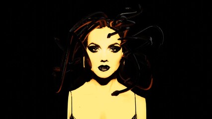 Gorgon medusa. The camera suddenly zooms in, shock on the face, snakes on the head are moving