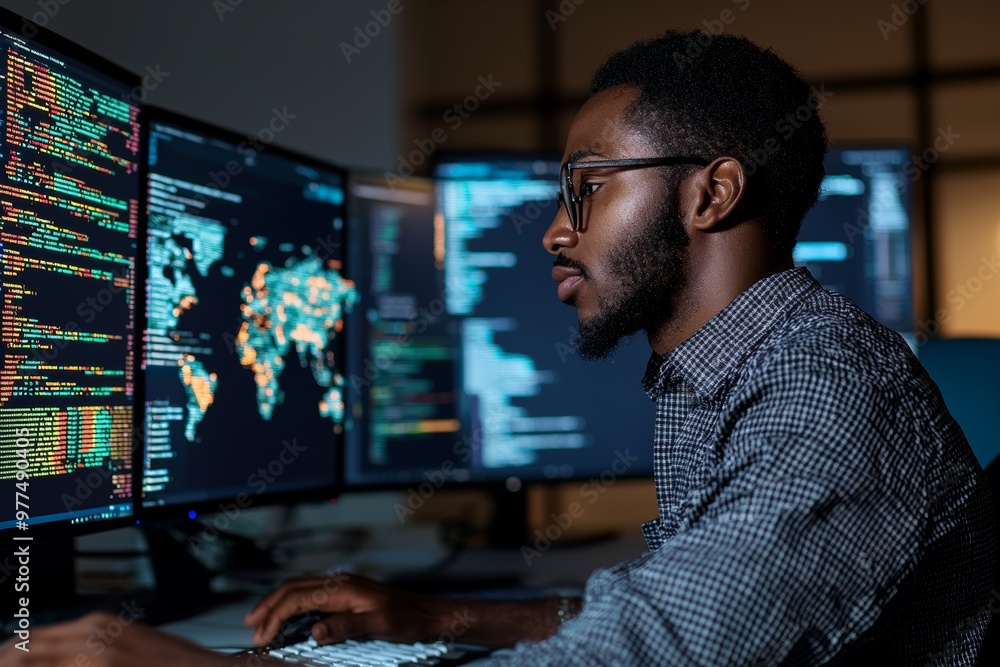 Poster In front of a computer monitor, a young cyber security manager is typing away at a desk in a modern office setting