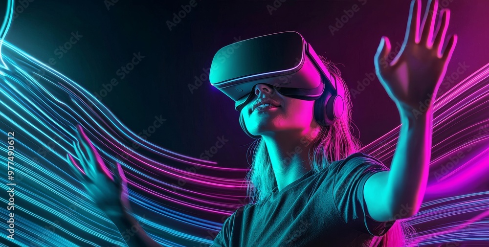 Poster a modern virtual reality event for entertainment and digital technology. a teenager playing a metave