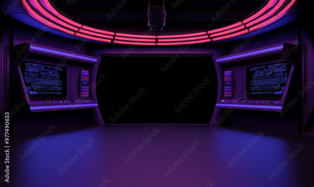 Aufkleber Technology and object concept in a cyberpunk sci-fi spaceship. Rendering of a 3D illustration.